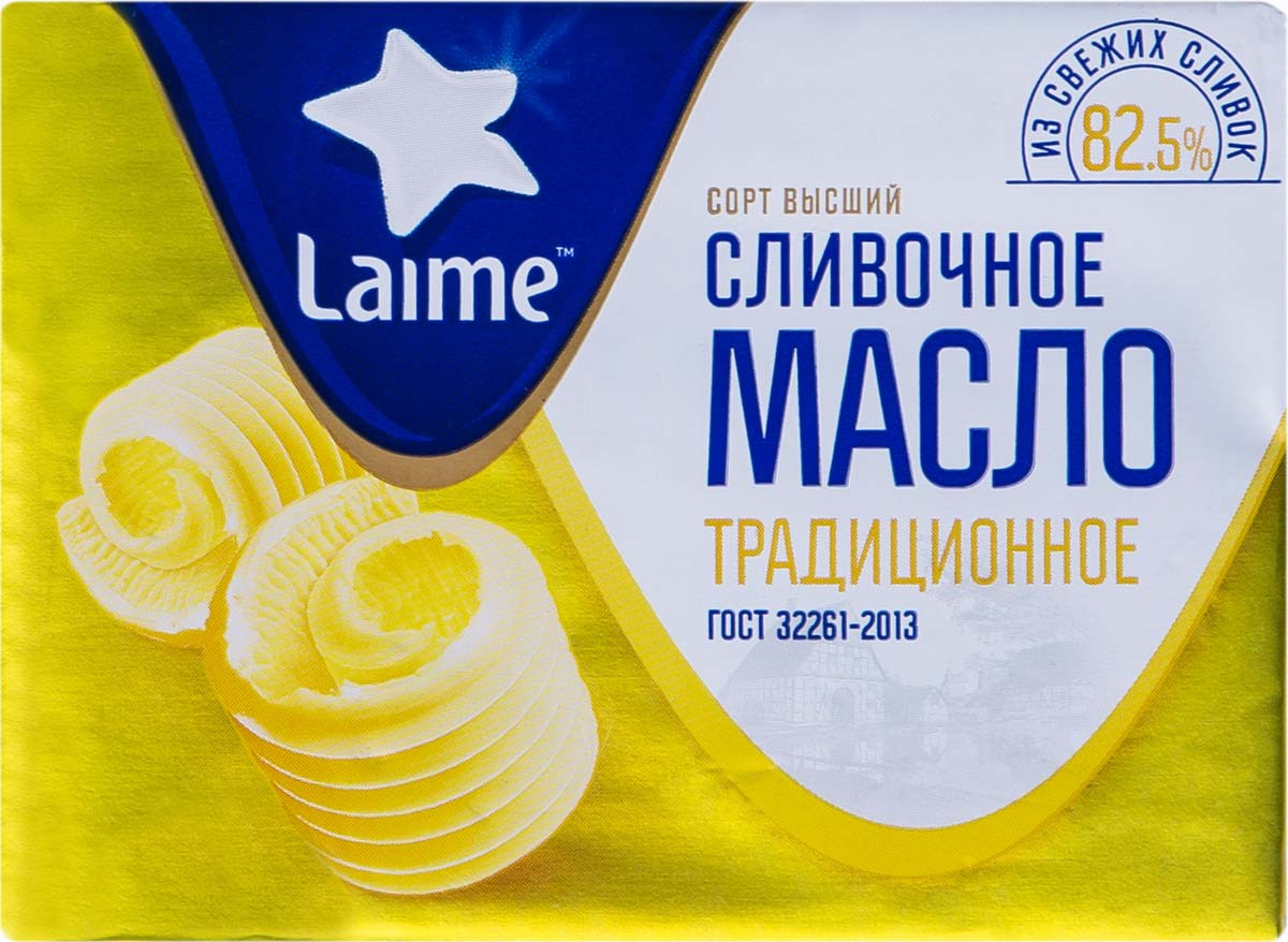 Сливочное масло Laime Традиционное сладко-сливочное несоленое, 82,5%, 180 г