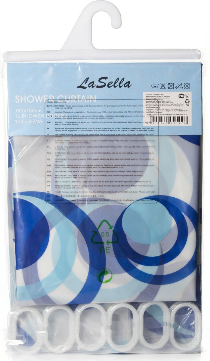 фото Штора для ванной LaSella, PPSW007-PE, с крючками, 180 х 180 см
