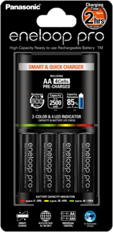 фото Зарядное устройство Panasonic Smart & Quick, K-KJ55HCD40E, для 1-4 аккумуляторов типа АА/ААА Ni-MH + батарейка типа АА, 2500 mAh, 4 шт