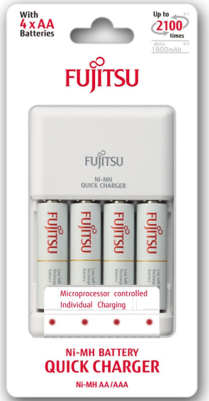 фото Зарядное устройство Fujitsu Quick Charger, 166740053, для 4 или 2 аккумуляторов типа АА/ААА Ni-MH + батарейка типа АА, 1900 mAh, 4 шт