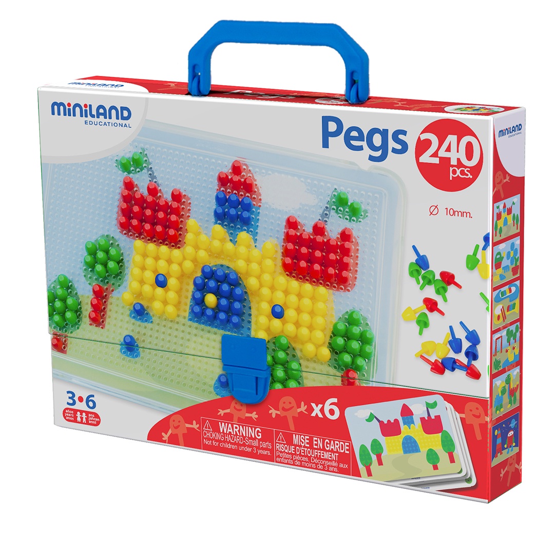 фото Мозаика Pegs 10 мм (240 элементов, 6 картинок) в чемоданчике Miniland