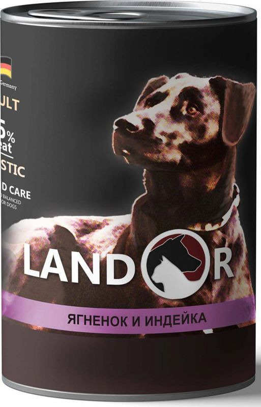Корм консервированный Landor, для собак всех пород, ягненок с индейкой, 400 г