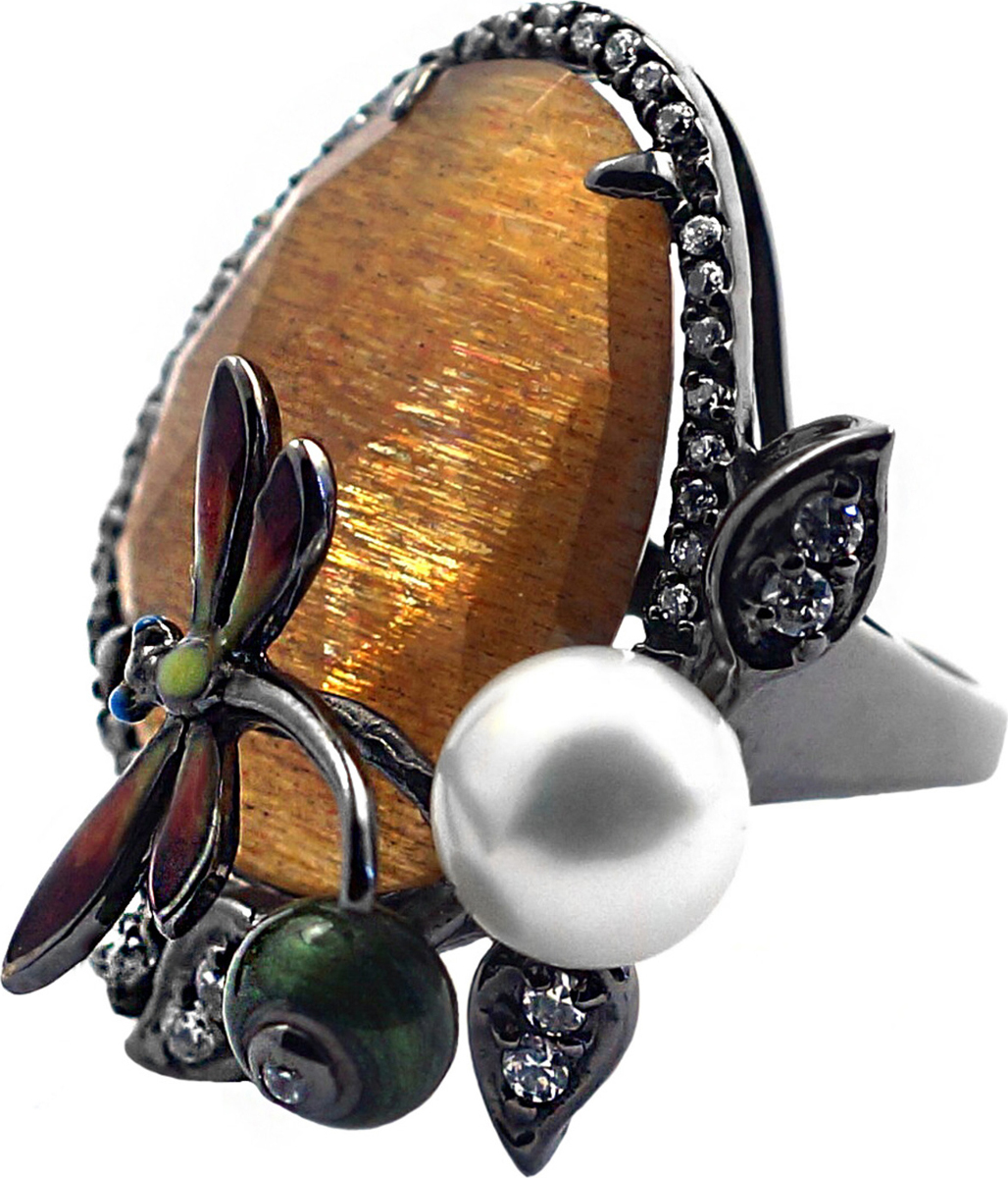 фото Кольцо Диадема из серебра с жемчугом и кварцем эмалью