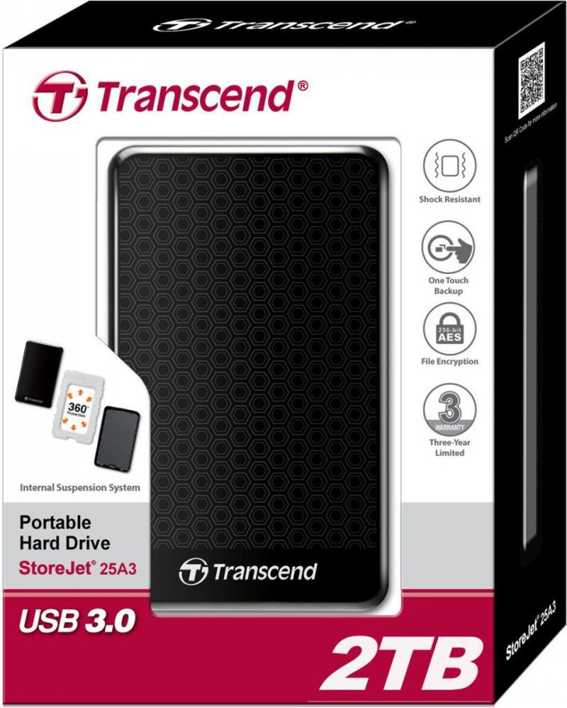 фото Портативный внешний жесткий диск Transcend HDD 2 TB А3 Anti-Shock , 2.5", USB 3.0, черный