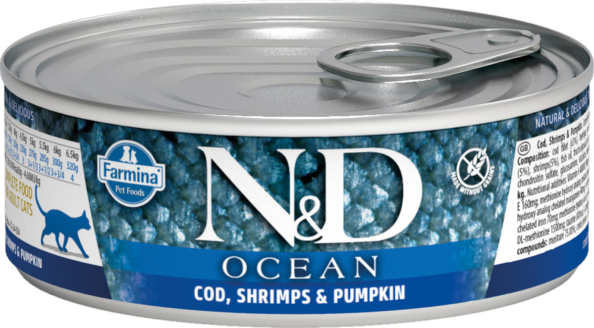 Корм консервированный Farmina N&D Ocean для кошек, с треской, креветками и тыквой, 80 г