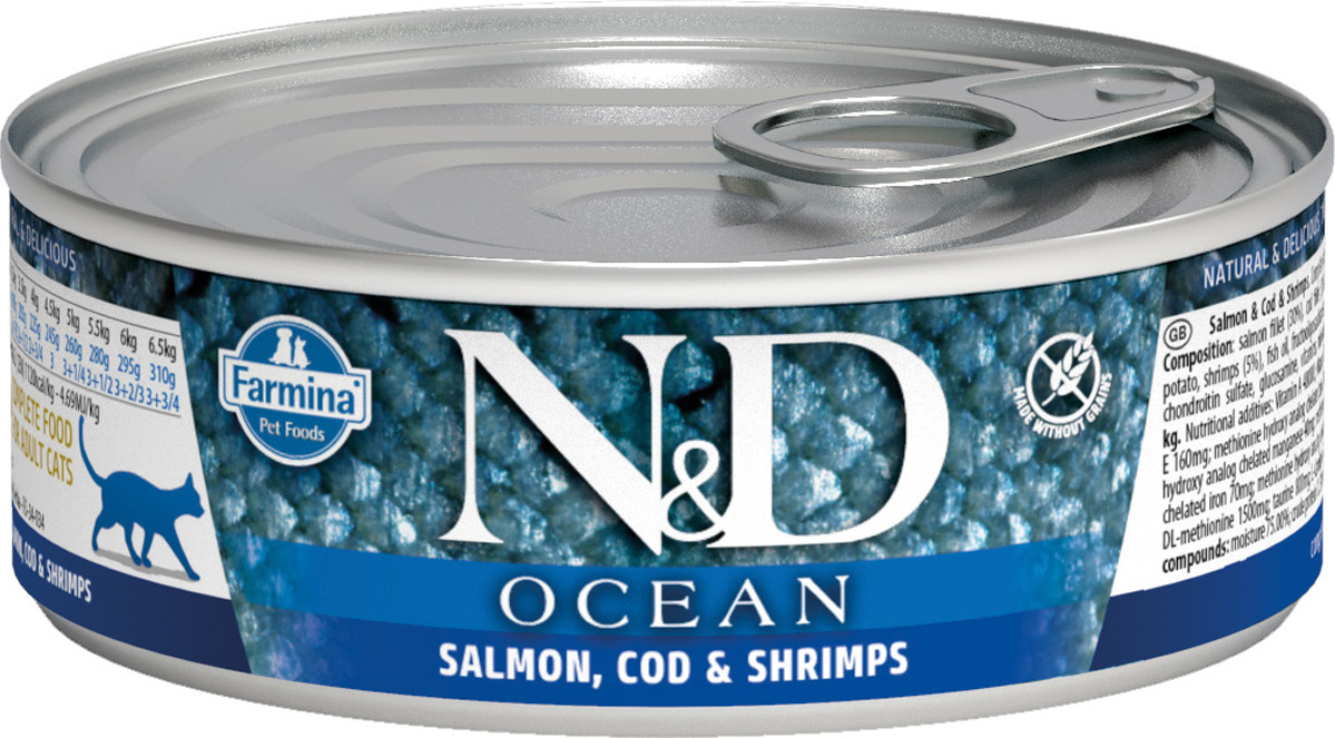 Корм консервированный Farmina N&D Ocean для кошек, с лососем, треской и креветками, 80 г
