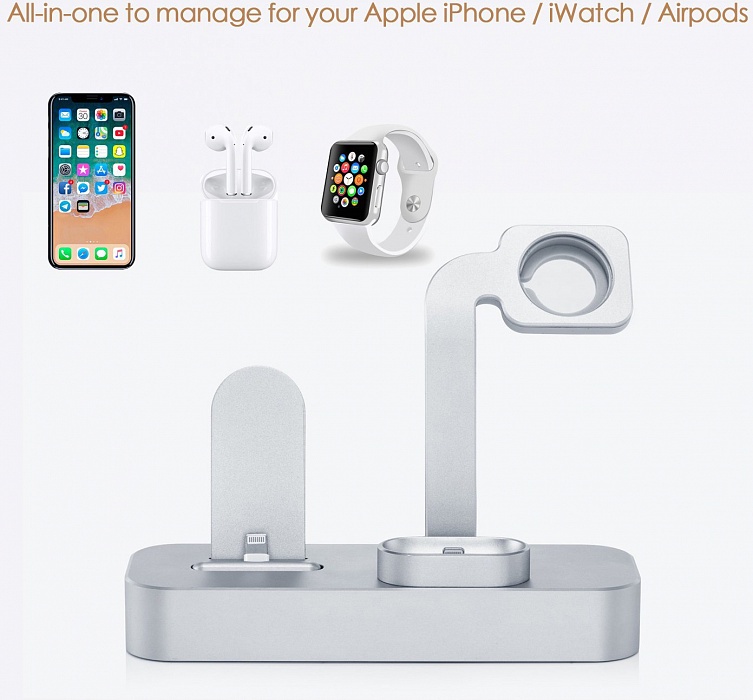 фото Подставка COTEetCI Base19 для Apple Watch/iPhone/AirPods, серебристый