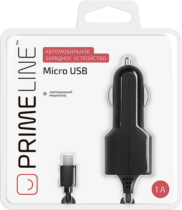 фото Автомобильное зарядное устройство Prime Line 2202 + кабель micro USB, 1A, черный