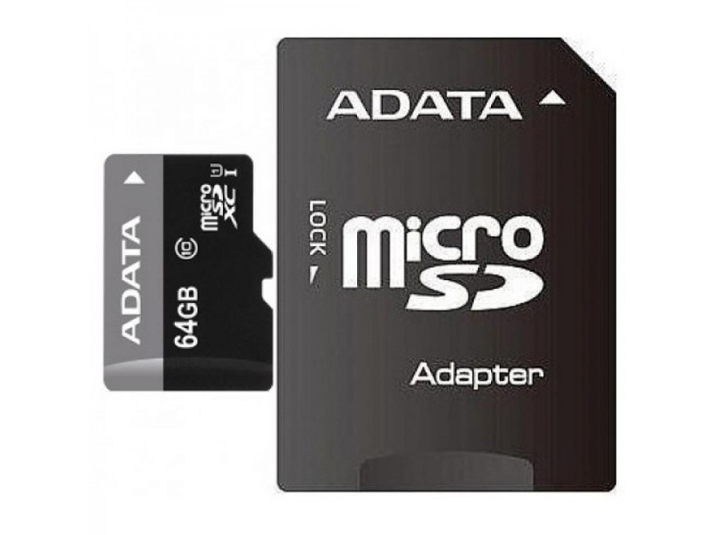 фото Карта памяти A-Data MicroSD 64GB Class 10 Premier UHS-I (40/15 Mb/s) + SD адаптер Adata