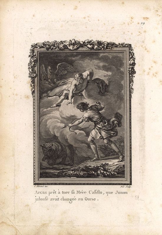 фото Гравюра Дени Ни Метаморфозы. Аркас собирается убить свою мать нимфу Каллисто, которую ревнивая богиня Юнона (Гера) превратила в медведицу. Офорт, резцовая гравюра. Франция, Париж, 1767 год