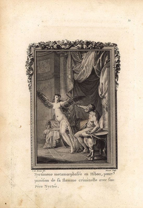 фото Гравюра Жан Симоне Метаморфозы. Никтимена, дочь царя Лесбоса, которая была наложницей своего отца, превращается в сову. Офорт, резцовая гравюра. Франция, Париж, 1767 год