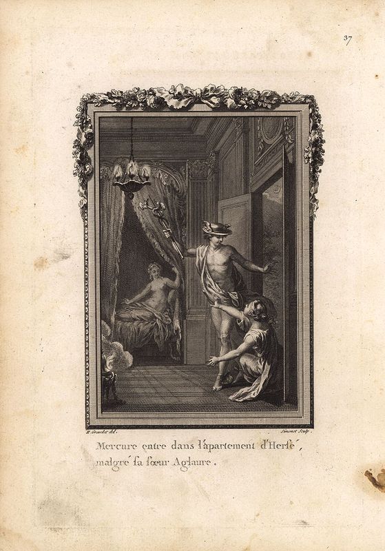 фото Гравюра Жан Симоне Метаморфозы. Меркурий (Гермес) попадает в апартаменты своей возлюбленной Герсы, несмотря на противодействие её сестры Аглавры. Офорт, резцовая гравюра. Франция, Париж, 1767 год