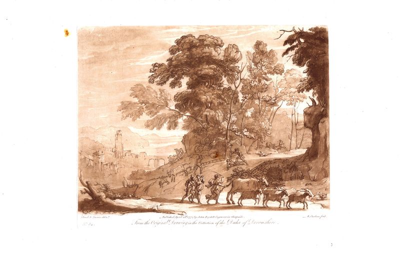 фото Гравюра Ричард Ирлом Лист 34. Пейзаж с животными. Офорт, меццо-тинто. Англия, Лондон, 1774 год