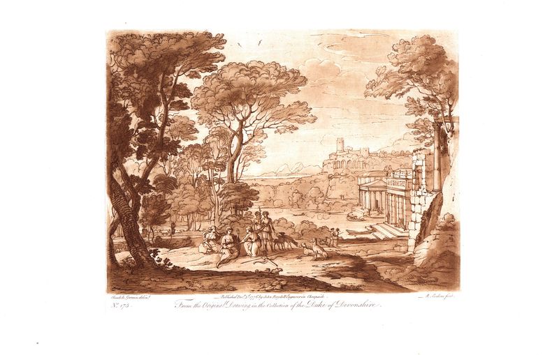 фото Гравюра Ричард Ирлом Лист 175. Пейзаж с фигурами. Офорт, меццо-тинто. Англия, Лондон, 1776 год