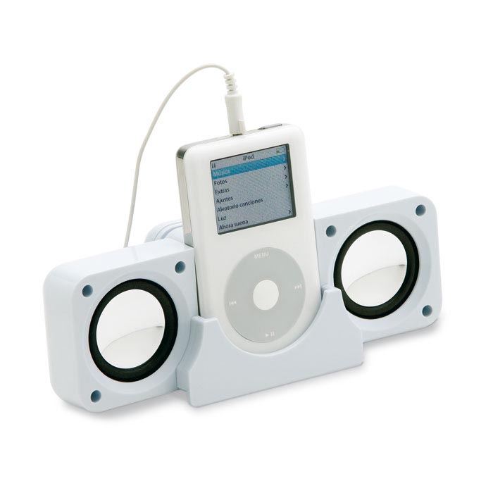 фото Акустическая система 2.0 Gembird SPK-105-W, белый ,2х1Вт, подставка IPhone/IPod, компактно складываются