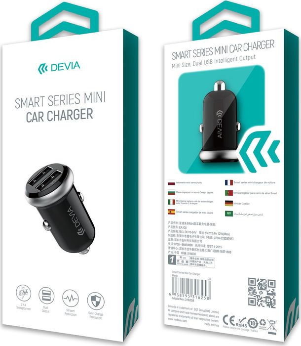 фото Автомобильное зарядное устройство Devia Smart Series Mini на 2 устройства, 6938595316258, черный