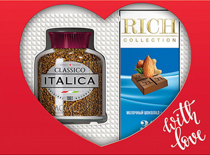 фото Подарочный набор With Love кофе растворимый сублимированный Italica Classico, 100 г + молочный шоколад с орехами Rich Collection, 70 г