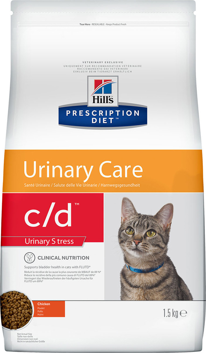 фото Корм сухой диетический Hill's Prescription Diet c/d Stress Urinary Care для кошек при лечении и профилактике цистита и мочекаменной болезни, в том числе вызванные стрессом, с курицей, 1,5 кг