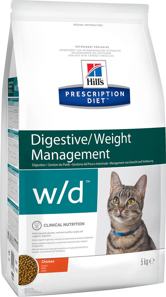 фото Корм сухой Hill's Prescription Diet w/d Digestive/Weight Management для кошек для поддержания оптимального веса и здоровья при сахарном диабете, с курицей, 5 кг