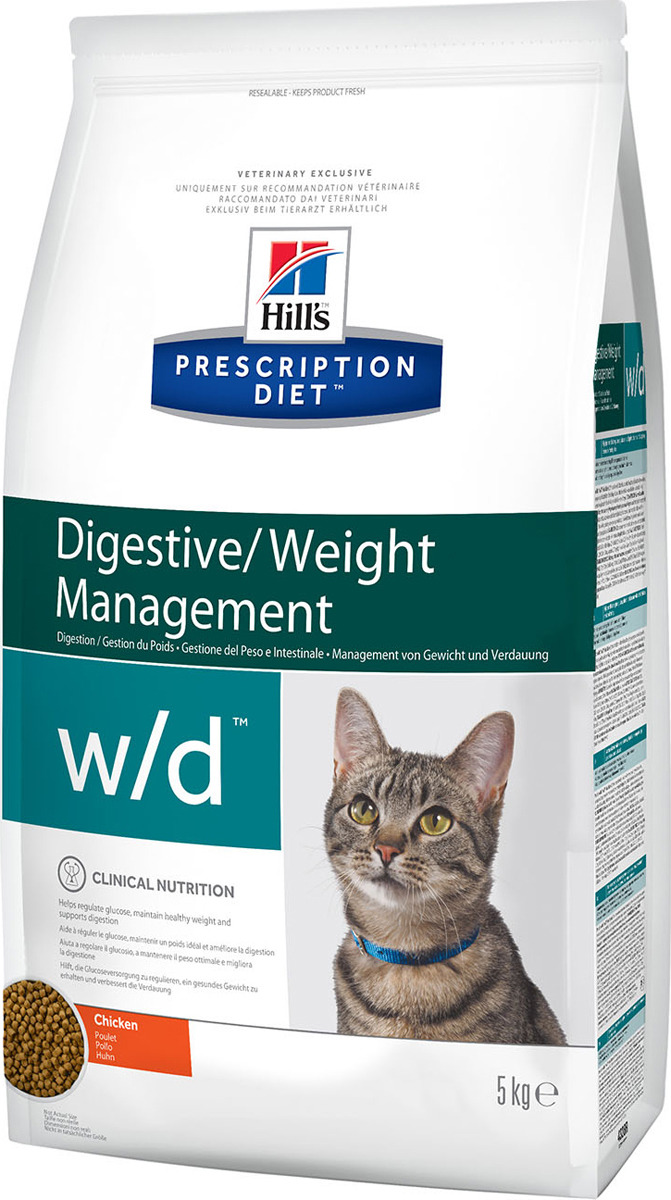 фото Корм сухой Hill's Prescription Diet w/d Digestive/Weight Management для кошек для поддержания оптимального веса и здоровья при сахарном диабете, с курицей, 5 кг