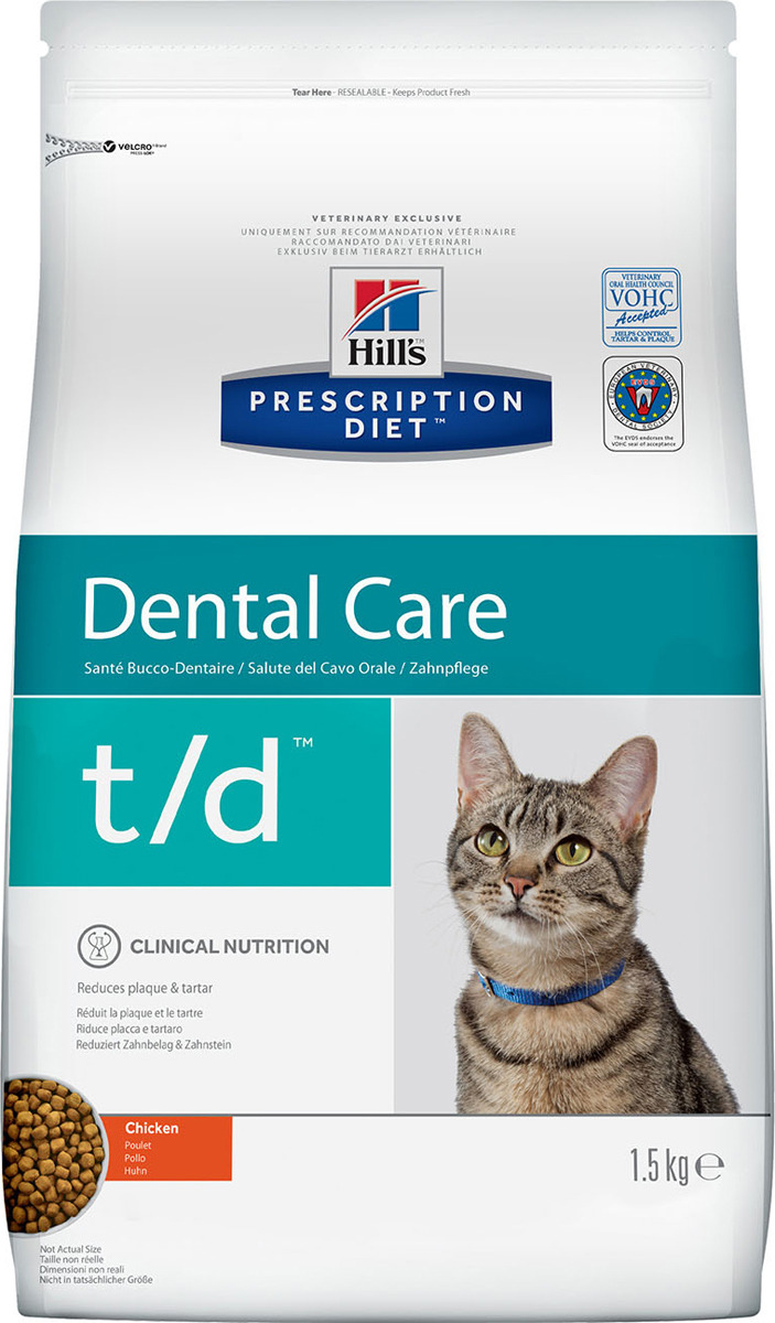 фото Корм сухой Hill's Prescription Diet t/d Dental Care для кошек для поддержания здоровья ротовой полости, с курицей, 1,5 кг