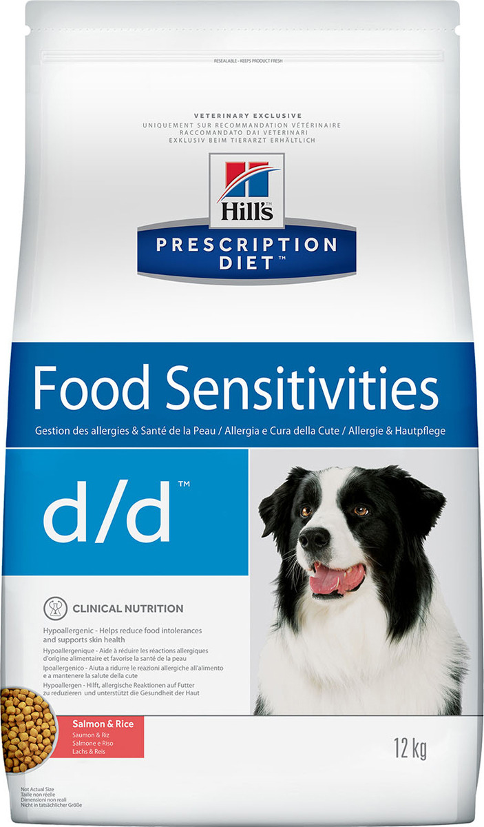 Корм сухой Hill's Prescription Diet d/d Food Sensitivities для собак для поддержания здоровья кожи и при пищевой аллергии, с лососем и рисом, 12 кг