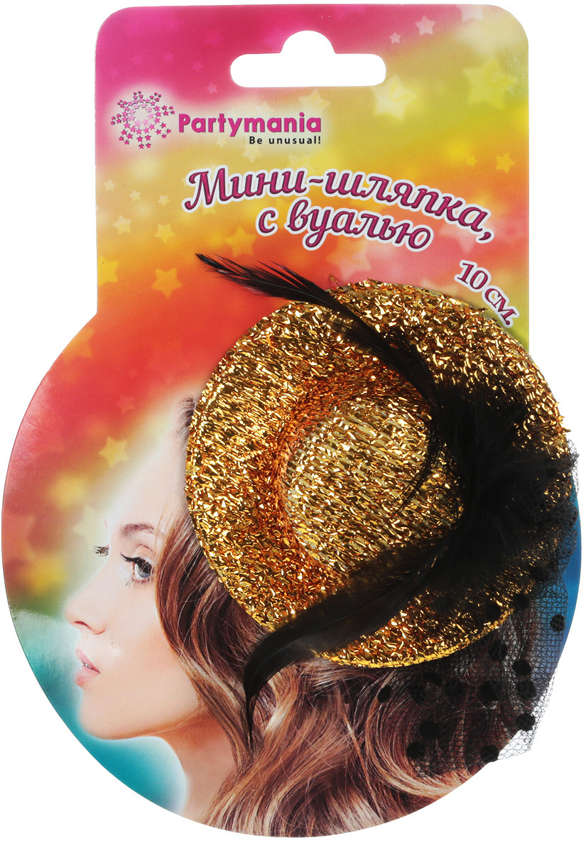 фото Partymania Карнавальная мини-шляпка с вуалью цвет золотистый