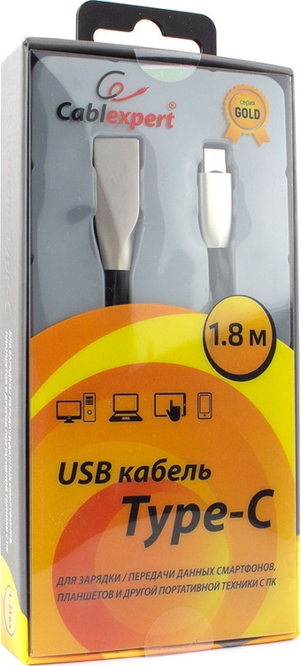 фото Кабель Cablexpert Gold, USB 2.0, AM/Type-C, 1,8 м, черный