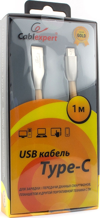 фото Кабель Cablexpert Gold, USB 2.0, AM/Type-C, 1 м, CC-G-USBC01Gd-1M, золотой