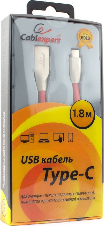 фото Кабель Cablexpert Gold, USB 2.0, AM/Type-C, 1,8 м, красный