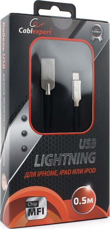 фото Кабель Cablexpert Platinum, USB для Apple MFI, AM/Lightning, 0,5 м, с оплеткой, черный