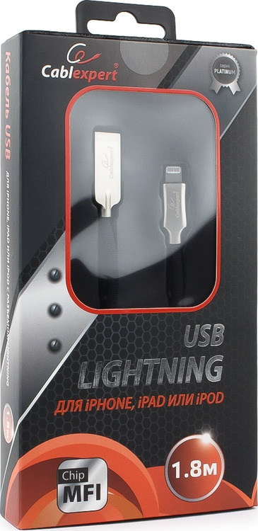 фото Кабель Cablexpert Platinum, USB для Apple MFI, AM/Lightning, 1,8 м, с оплеткой, черный