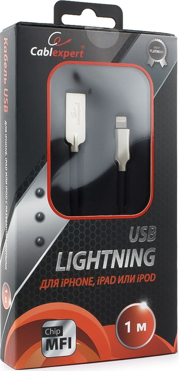 фото Кабель Cablexpert Platinum, USB для Apple MFI, AM/Lightning, 1 м, с оплеткой, черный