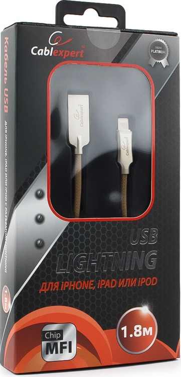 фото Кабель Cablexpert Platinum, USB для Apple MFI, AM/Lightning, 1,8 м, с оплеткой, золотой