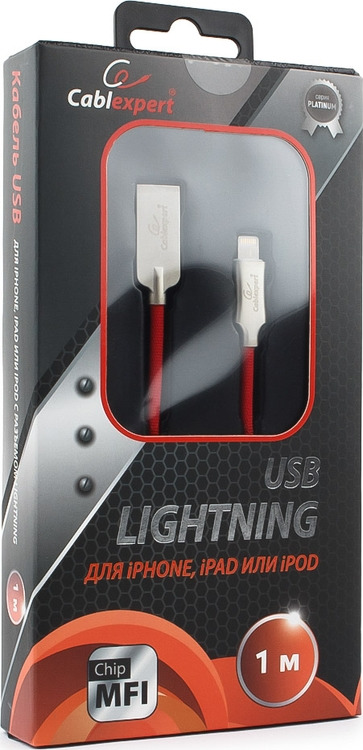 фото Кабель Cablexpert Platinum, USB для Apple MFI, AM/Lightning, 1 м, с оплеткой, красный