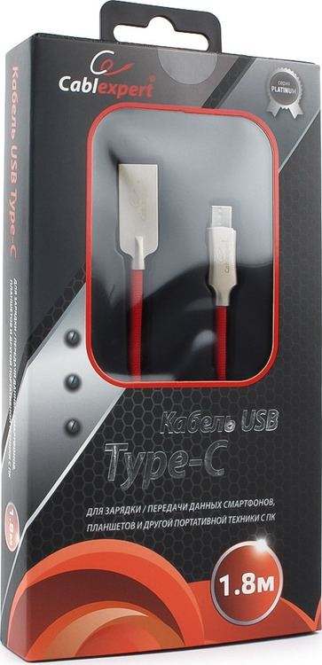 фото Кабель Cablexpert Platinum, USB 2.0, AM/Type-C, 1,8 м, с оплеткой, красный