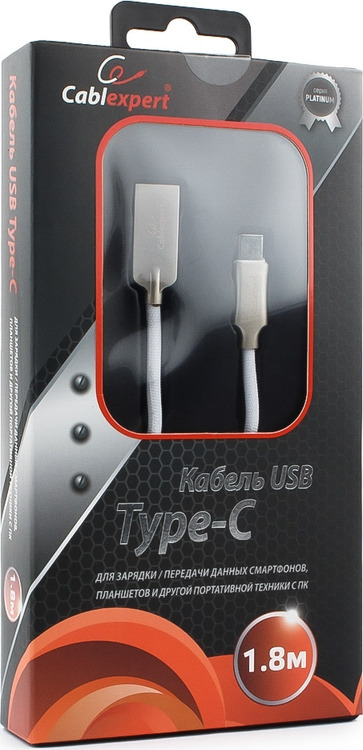 фото Кабель Cablexpert Platinum, USB 2.0, AM/Type-C, 1,8 м, с оплеткой, белый