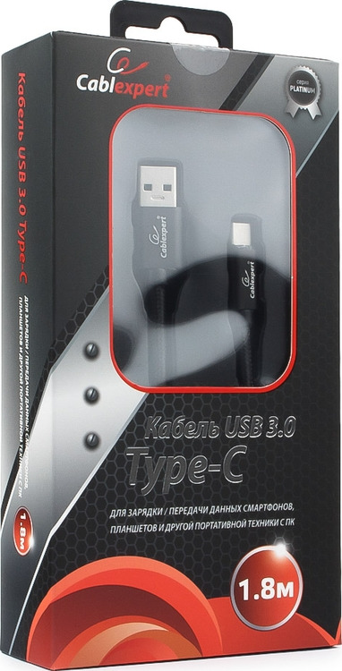 фото Кабель Cablexpert Platinum, USB 3.0, AM/Type-C, 1,8 м, с оплеткой, черный