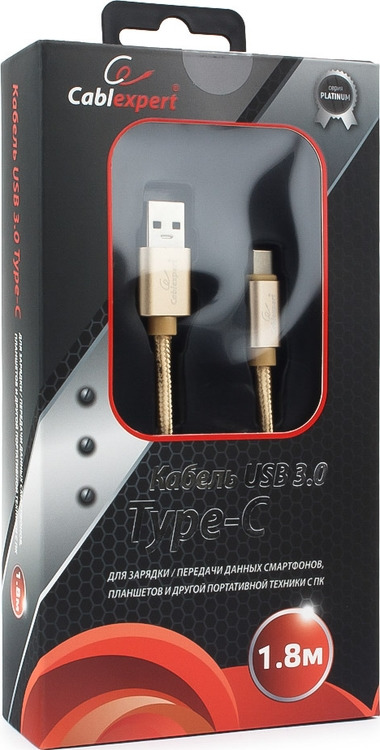 фото Кабель Cablexpert Platinum, USB 3.0, AM/Type-C, 1,8 м, с оплеткой, золотой