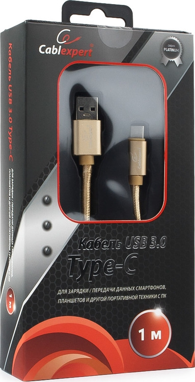 фото Кабель Cablexpert Platinum, USB 3.0, AM/Type-C, 1 м, с оплеткой, золотой