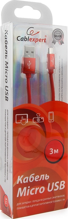 фото Кабель Cablexpert Silver, USB 2.0, AM/microB, 3 м, красный