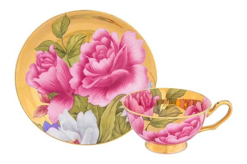 Чайная пара Elan Gallery Пионы на золоте, розовый, зеленый