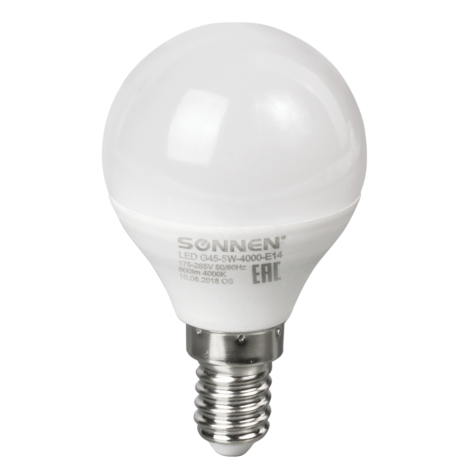 Лампочка SONNEN светодиодная, 5 (40) Вт, цоколь E14, шар, холодный белый свет, LED G45-5W-4000-E14