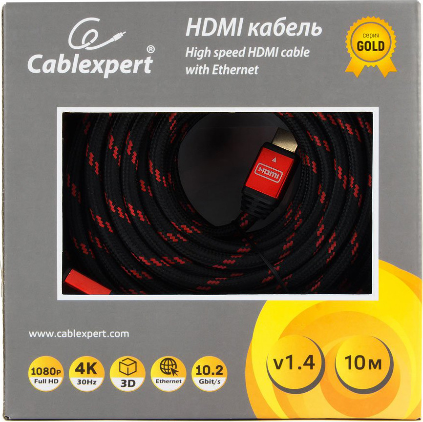 фото Кабель Cablexpert Gold HDMI, 10 м, CC-G-HDMI02-10M, красный