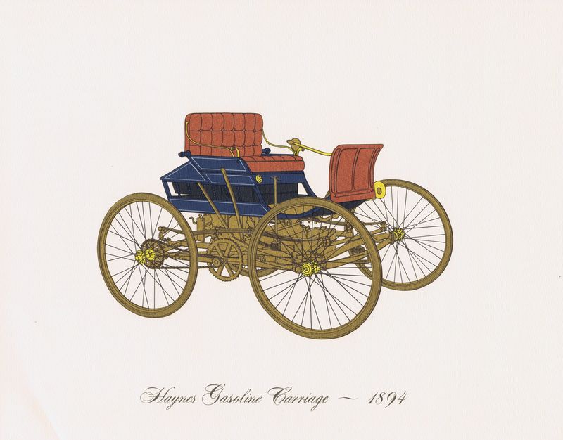 фото Гравюра Clarence Hornung Haynes Gasoline Carriage 1894 года. Бензиновый автомобиль Хейнса. Литография. США, Нью-Йорк, 1965 год