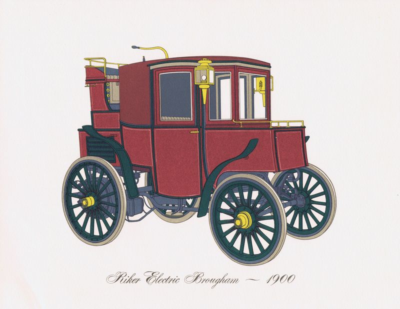 фото Гравюра Clarence Hornung Автомобиль Riker Electric Brougham 1900 года. Электрический брогам Райкера (электромобиль). Литография. США, Нью-Йорк, 1965 год