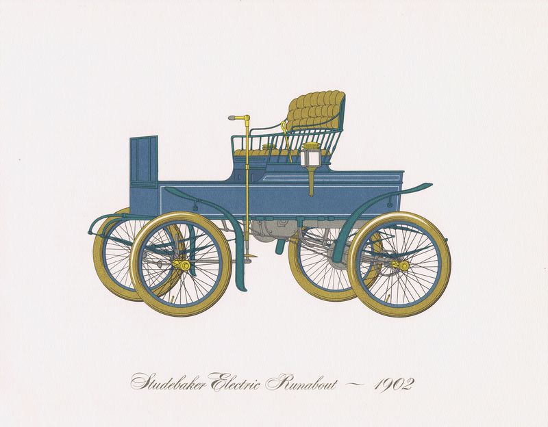 фото Гравюра Clarence Hornung Studebaker Electric Runabout 1902 года. Электрический автомобиль (электромобиль) Студебейкер. Литография. США, Нью-Йорк, 1965 год