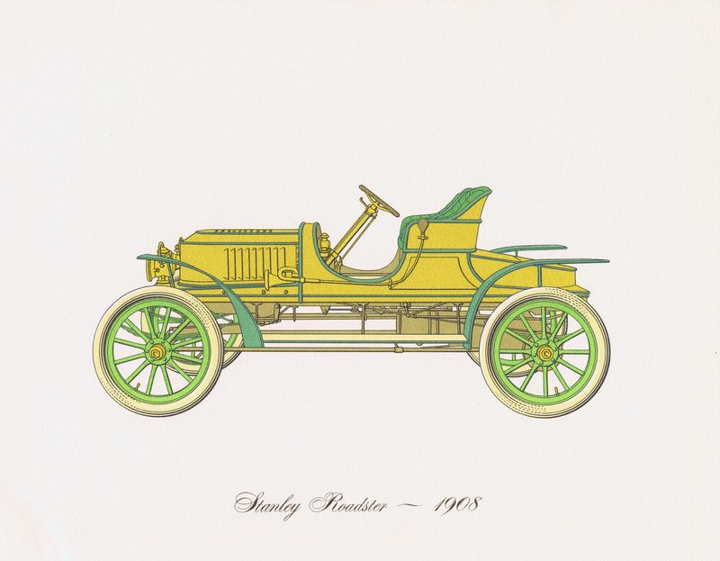 фото Гравюра Clarence Hornung Автомобиль Stanley Roadster 1908 года. Литография. США, Нью-Йорк, 1965 год