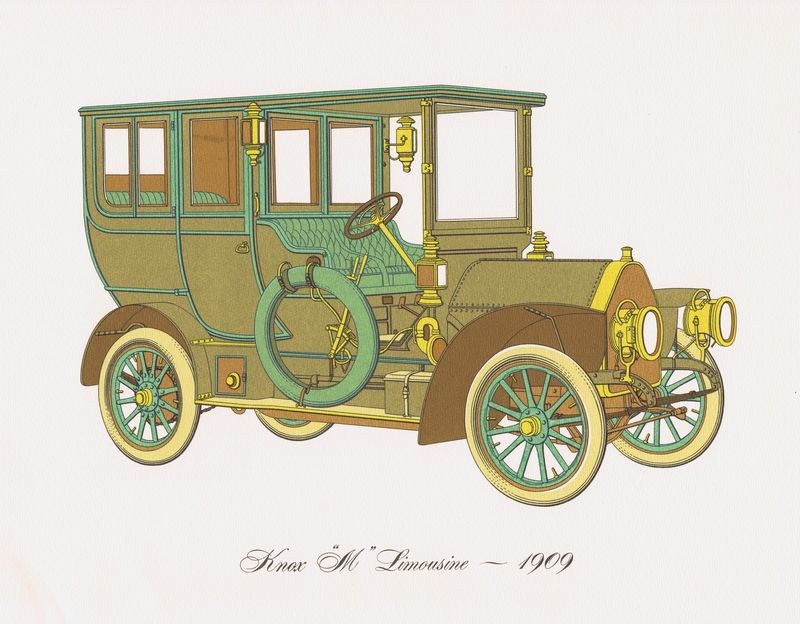 фото Гравюра Clarence Hornung Knox M Limousine 1909 года. Автомобиль Лимузин Нокса. Литография. США, Нью-Йорк, 1965 год