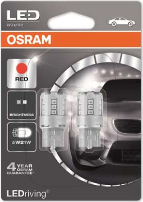 фото Лампа автомобильная Osram W21W (W3*16d) LED Standart Red 12V, 7705R02B, 2 шт